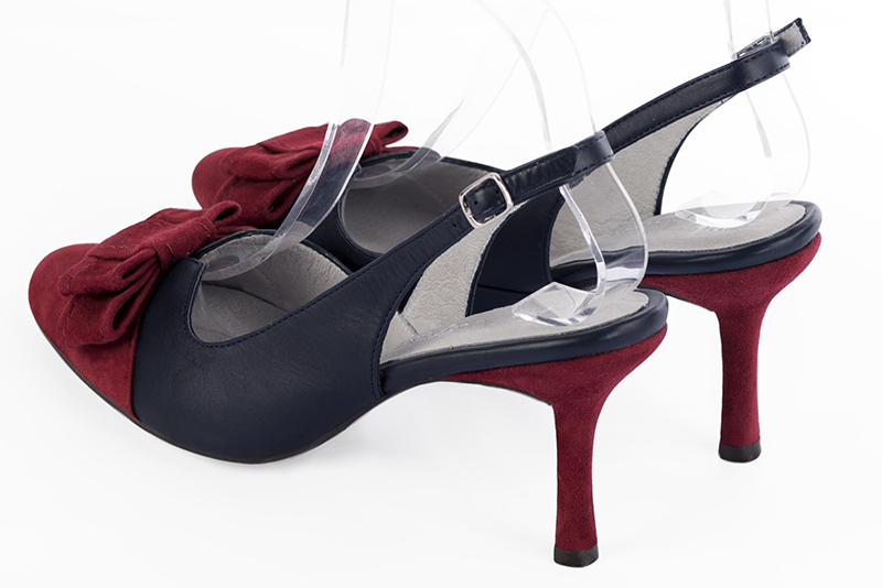 Burgundy red and navy blue women's dress pumps, with a knot on the front. Round toe. High slim heel. Rear view - Florence KOOIJMAN